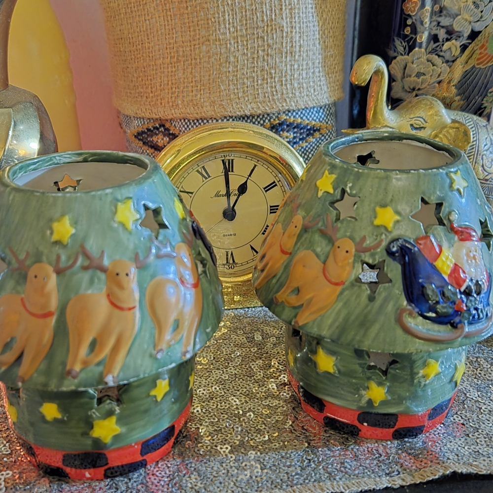 2 Set Vintage Christmas Tealight Candle Holder Set Santa Reindeer Old Country